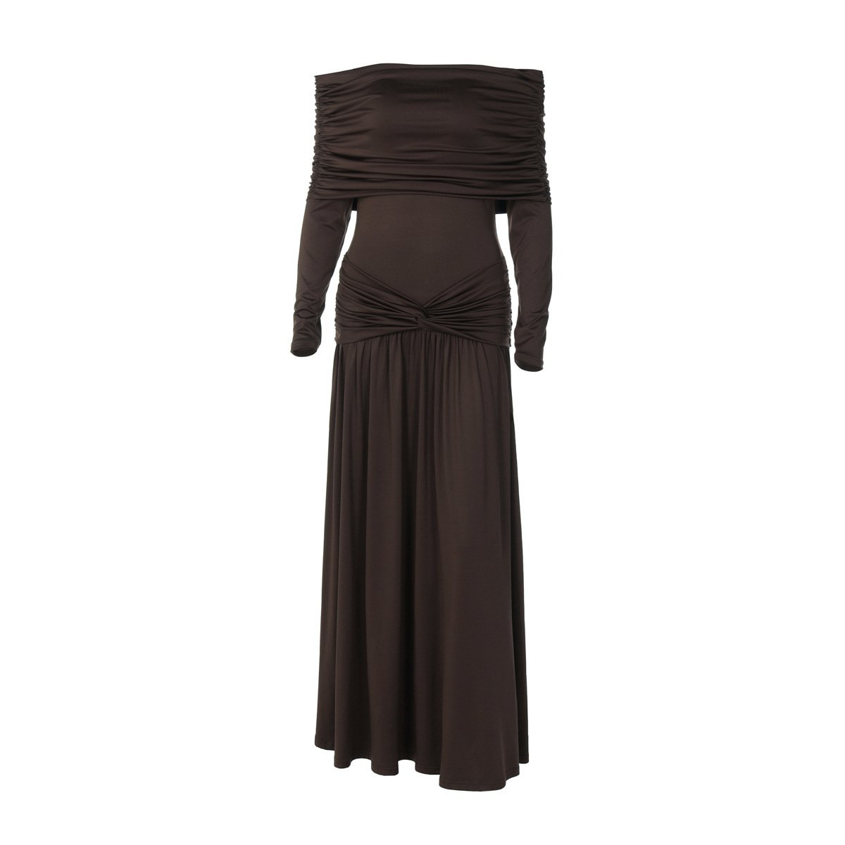 Off-neck Cinched Pleated Long Sleeve Dress - Image 2