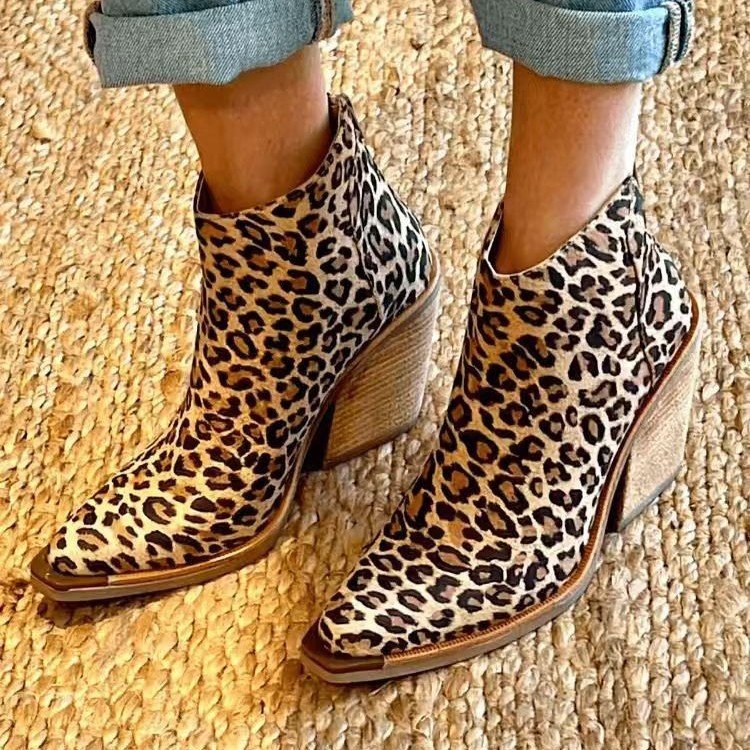Leopard Pointed Ankle High-top Back Zipper Pull-up Boots For Women - Image 3