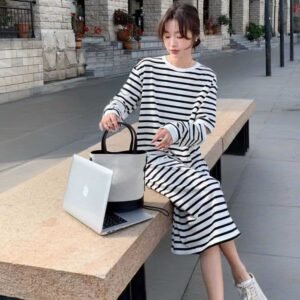 Women's Plus Size Black And White Hooded Knitted Long Dress Casual Striped Dress