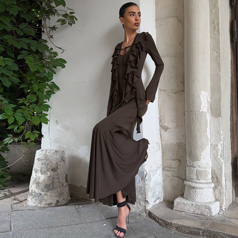 Ruffles Lace-up Long Sleeve Waist Dress - Image 2