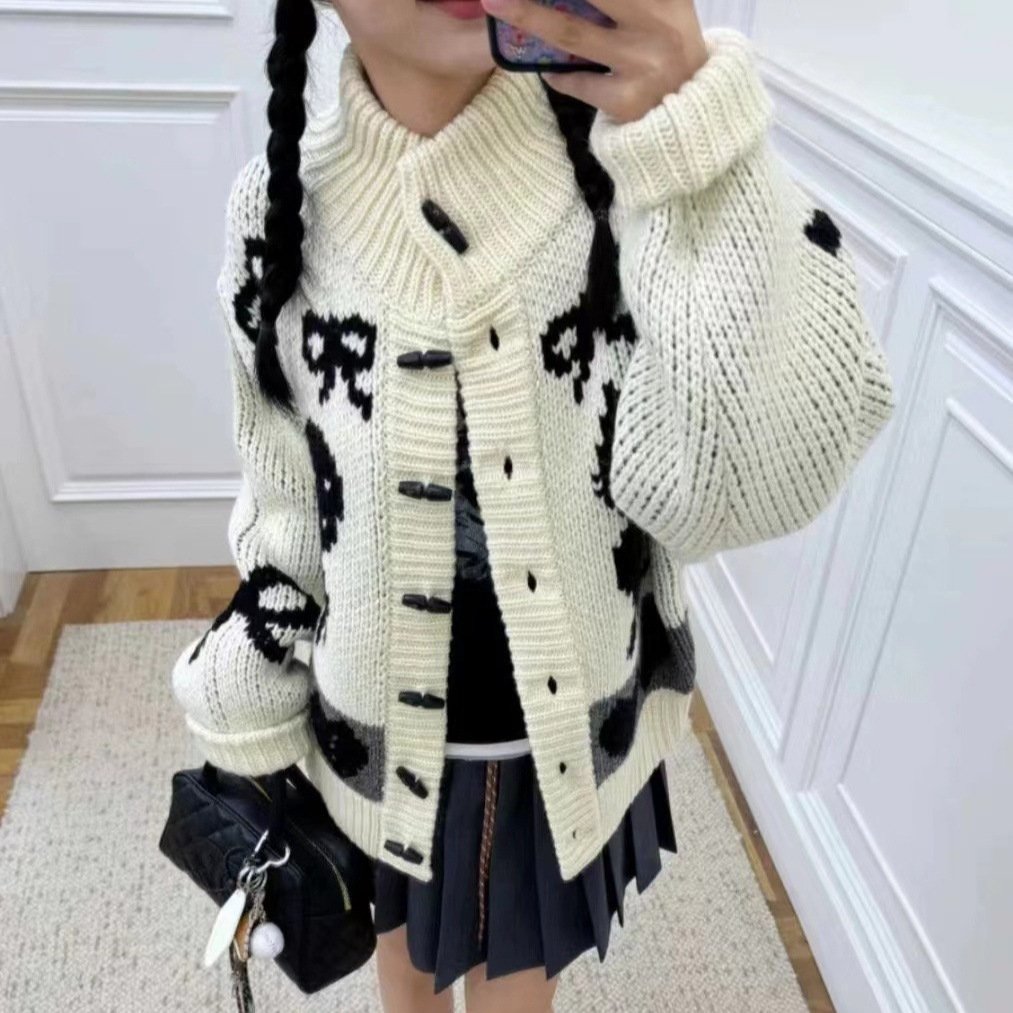 Pattern Stand Collar Knitted Coat For Women - Image 5