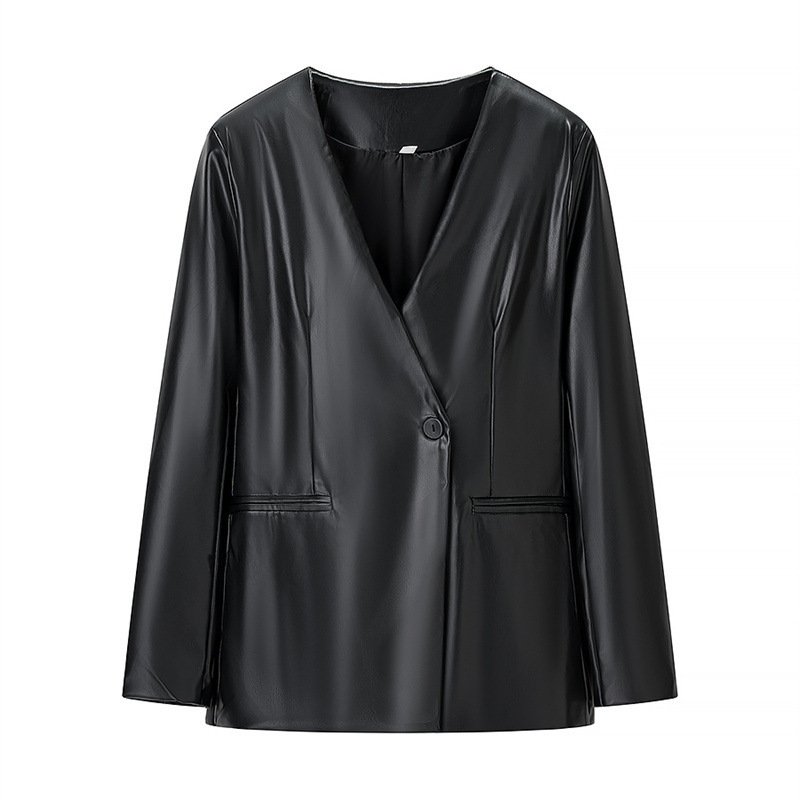 Women's Long-sleeved V-neck Leather Jacket - Image 7