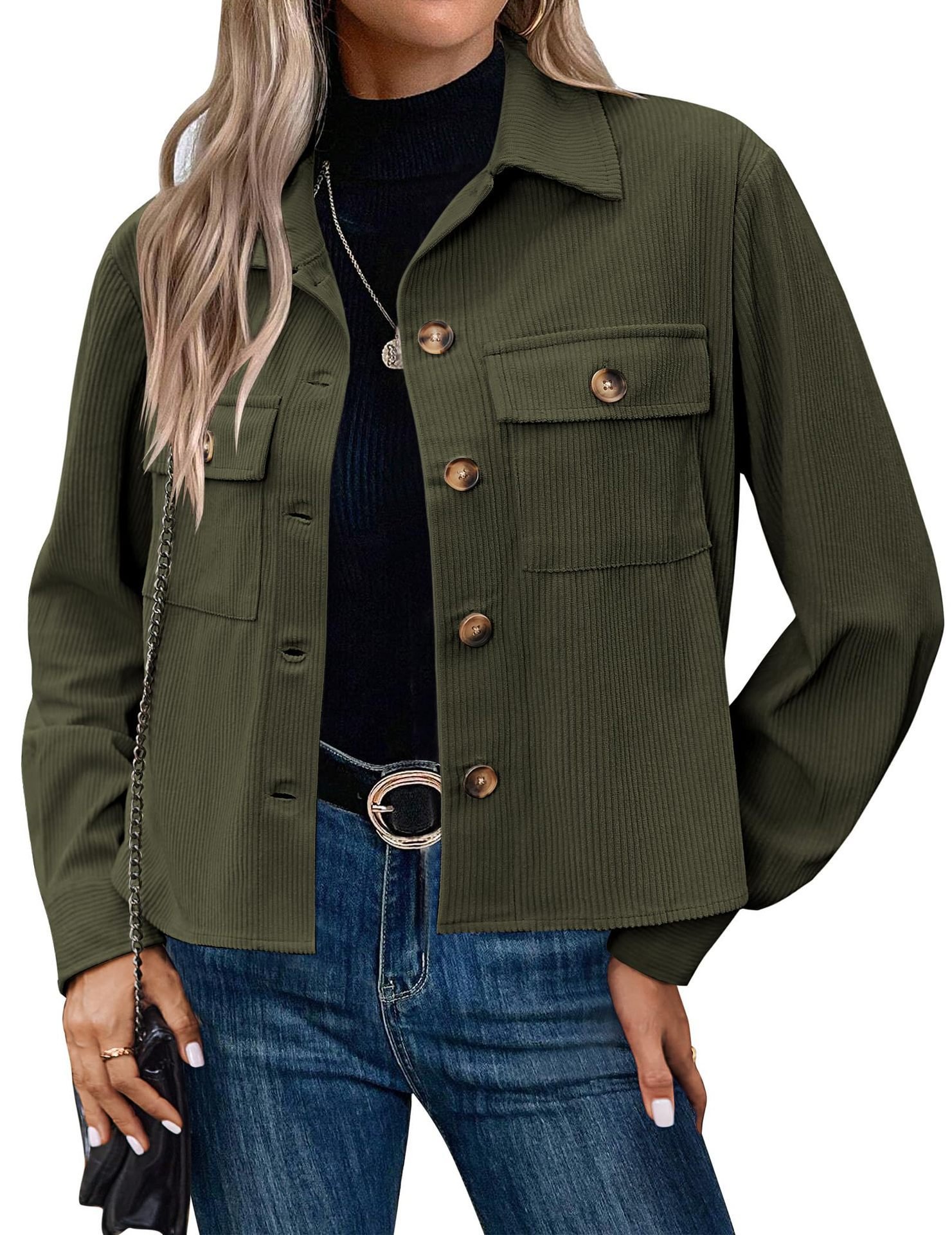 Women's Fashion Casual Short Short Corduroy Button Jacket - Image 9