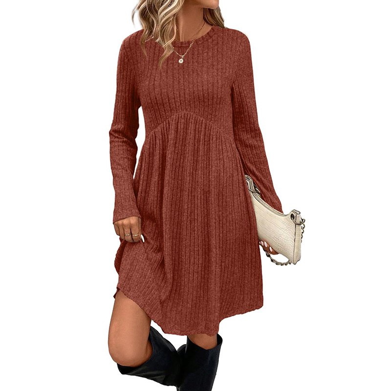 Women's Solid Color Long Sleeve Knit Dress Round Neck Pocket Shift Dress For Spring & Fall - Image 5