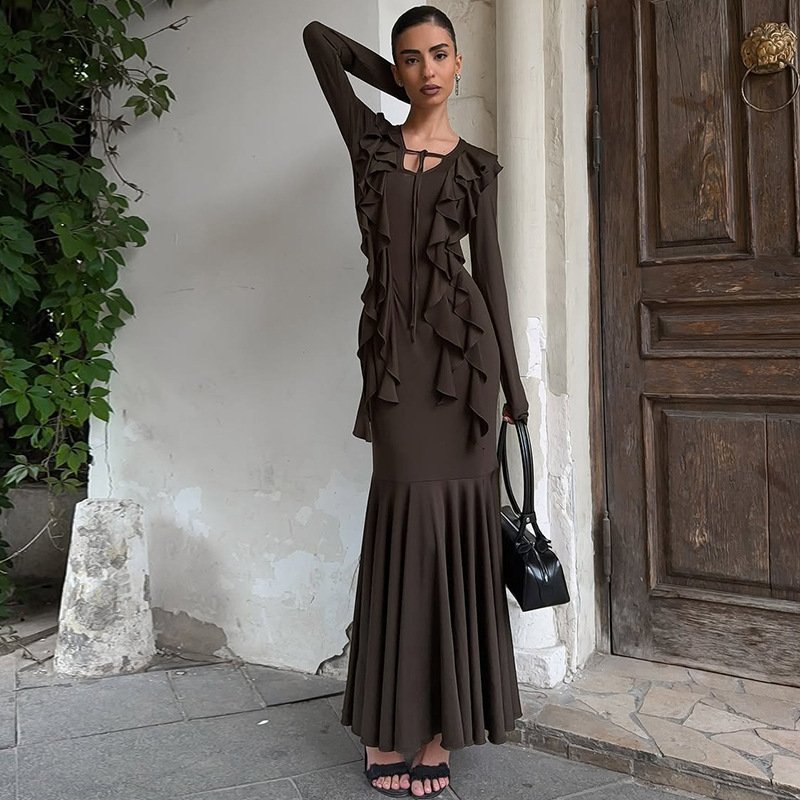 Ruffles Lace-up Long Sleeve Waist Dress - Image 4