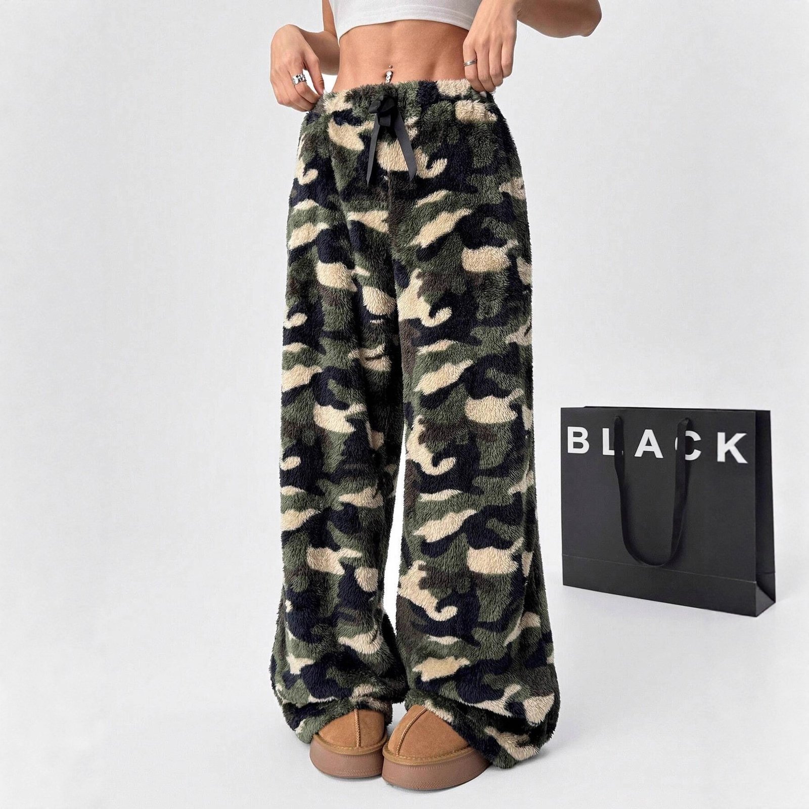 New Casual Leopard Print Lace-up Wide-leg Pants