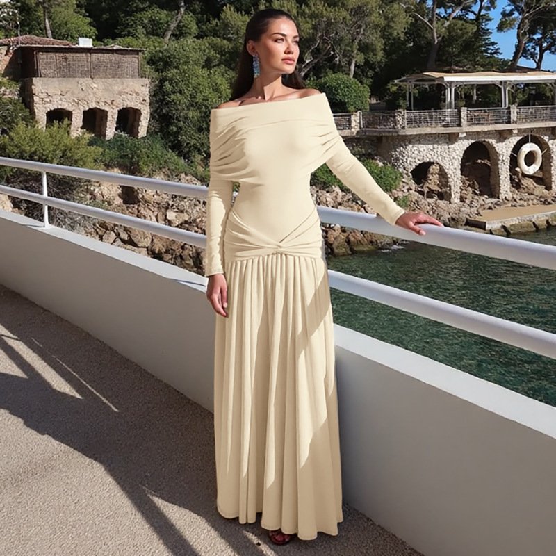 Off-neck Cinched Pleated Long Sleeve Dress - Image 7