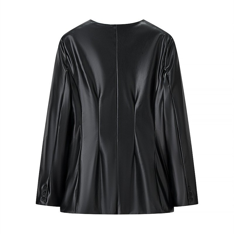 Women's Long-sleeved V-neck Leather Jacket - Image 4