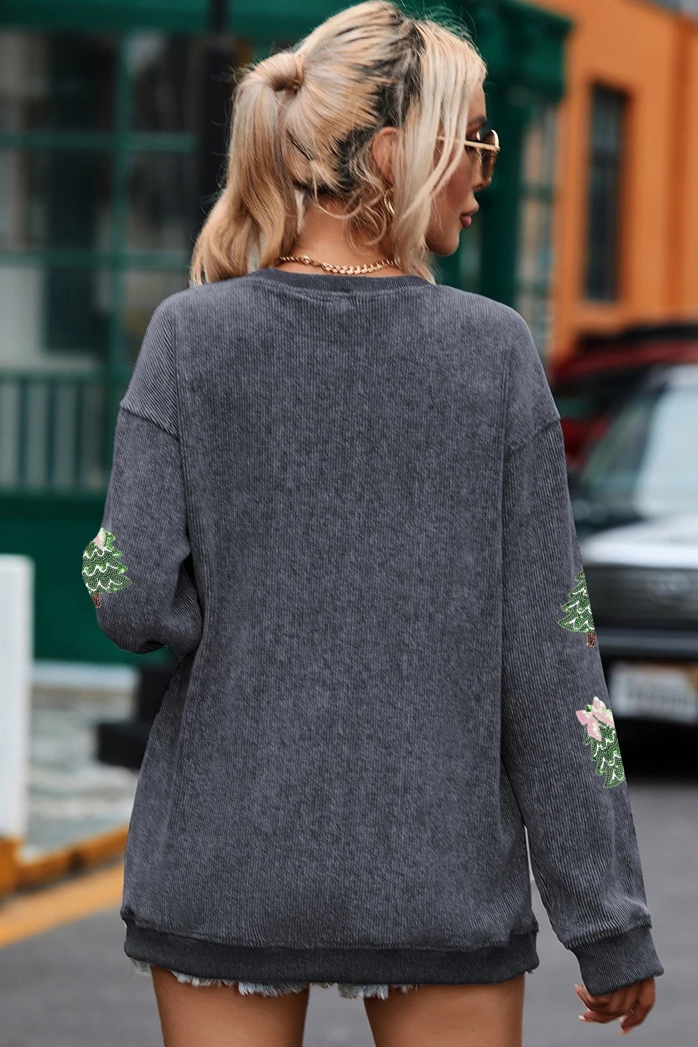 Round Neck Sequins Christmas Tree Rib Sweater For Women - Image 2