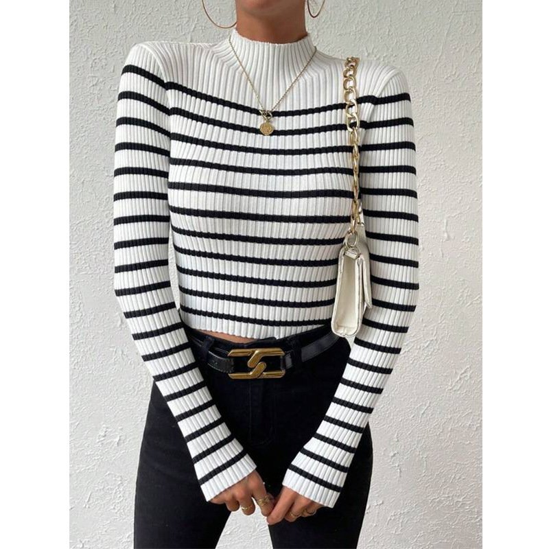 Fashion Long Sleeve Sunken Stripe Turtleneck Casual Slim Striped Sweater - Image 2