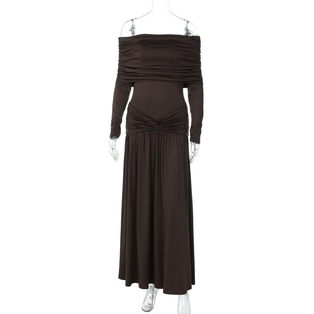 Off-neck Cinched Pleated Long Sleeve Dress - Image 3