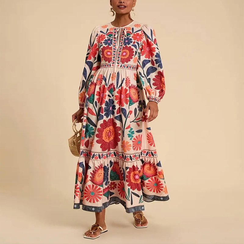 Women's Bohemian Floral Print Dress Cuff Long Sleeve Round Neck Maxi Dress For Spring&Fall - Image 2