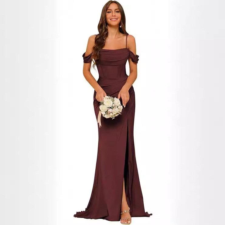 Off-the-shoulder Satin Bridesmaid Corset Ball Gown - Image 5