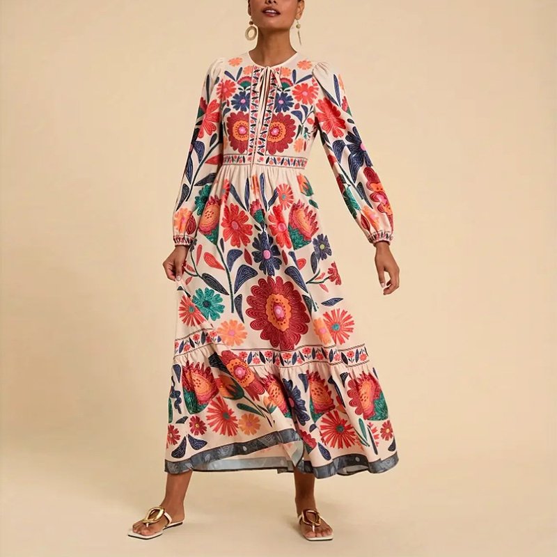 Women's Bohemian Floral Print Dress Cuff Long Sleeve Round Neck Maxi Dress For Spring&Fall - Image 8