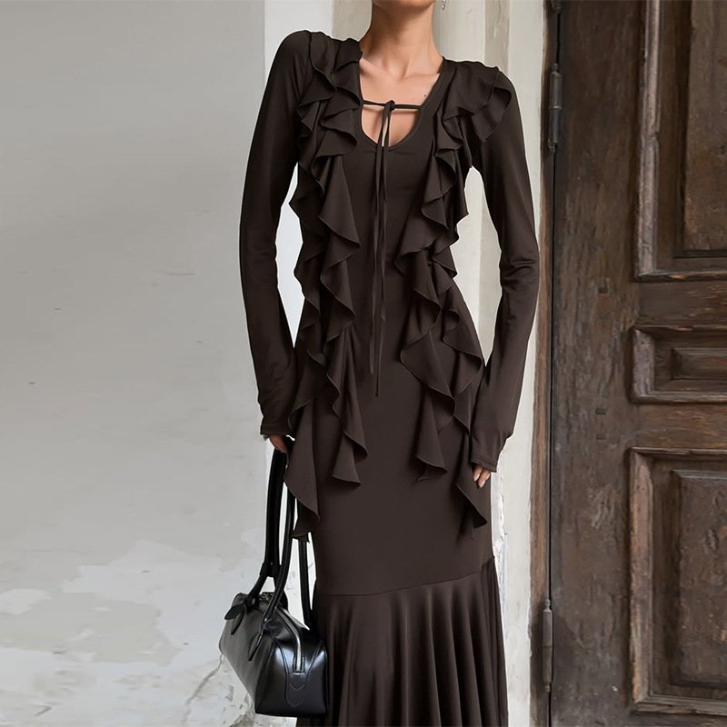 Ruffles Lace-up Long Sleeve Waist Dress - Image 5