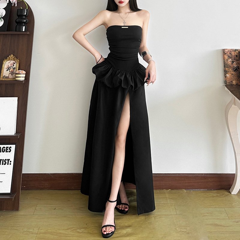 New Women's Solid Color Slim-fit High Waist Fashion Off-neck Split Dress - Image 4