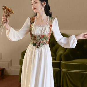 Fashion Vintage French Square Collar Dress Flower Bandage