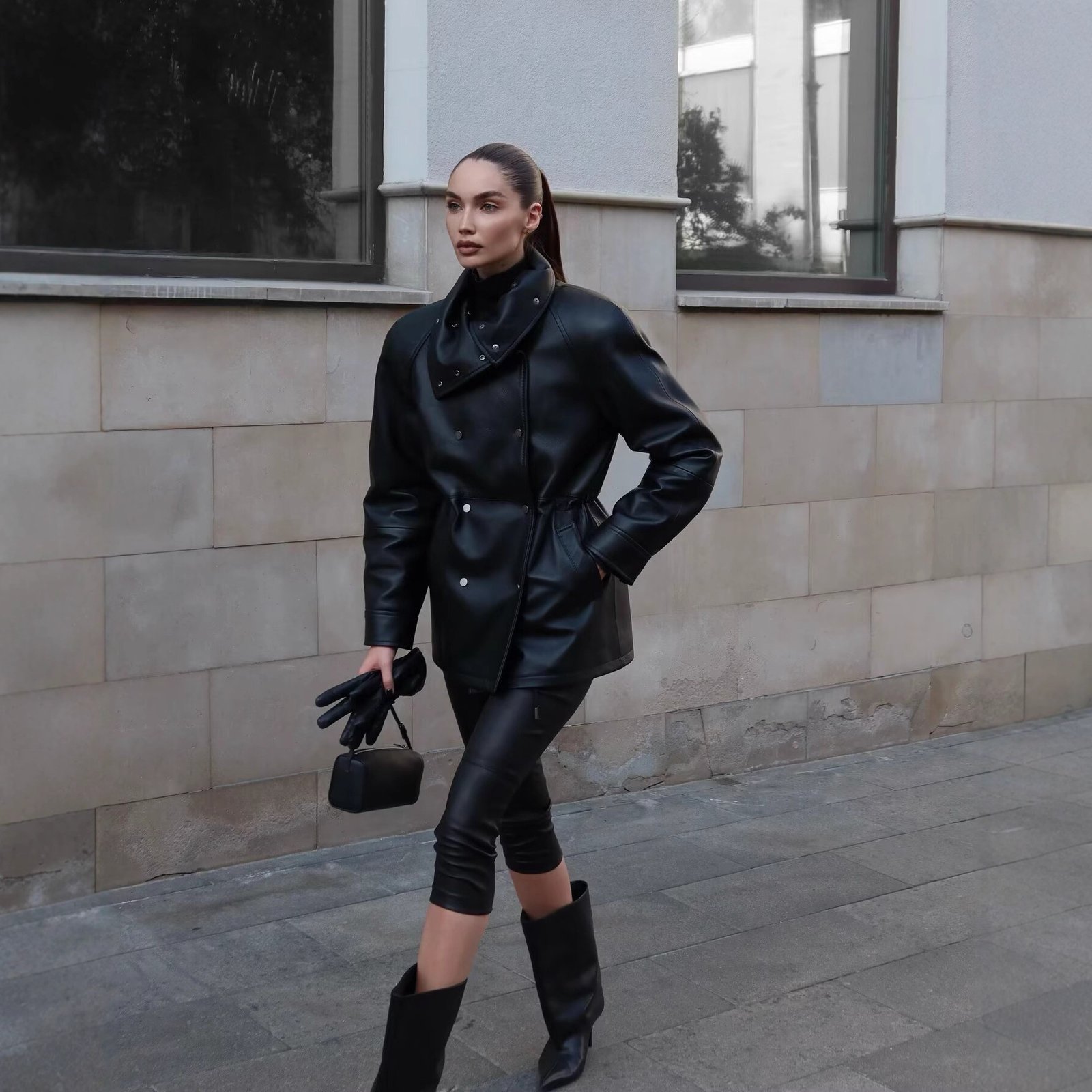 Women's Fashion Black Mid-length Leather Jacket - Image 3