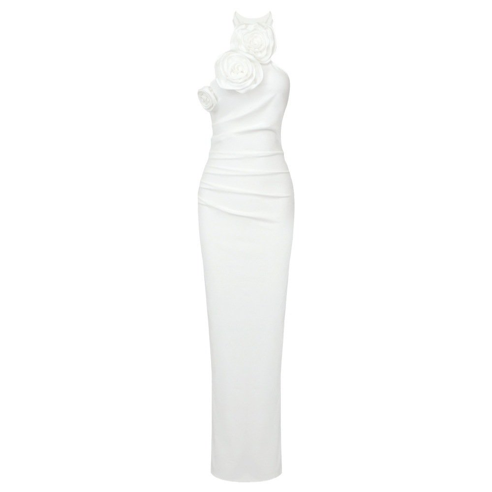 New Style White Ribbon Flower Halter Long High Sense Dress - Image 2