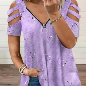 Self-pick-up Plus Size Women'S Casual Heart Print Zipper Short Sleeve Off Shoulder T-Shirt Only Self-pickup Is Supported