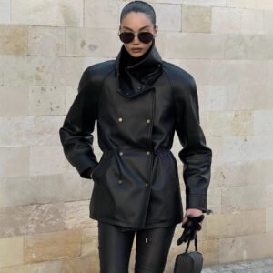 Women's Fashion Black Mid-length Leather Jacket