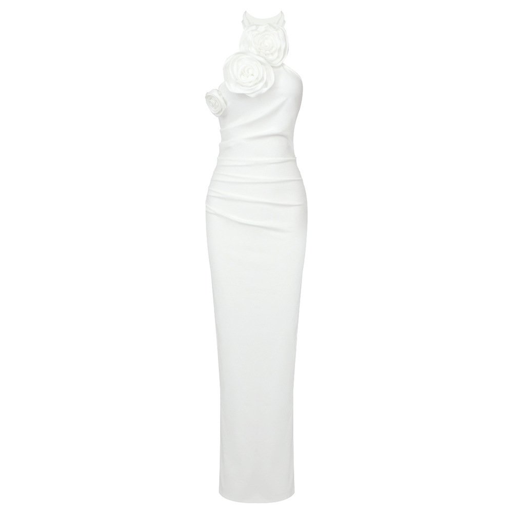 New Style White Ribbon Flower Halter Long High Sense Dress - Image 6