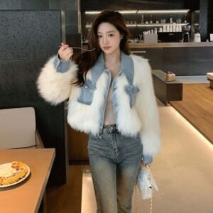 Womens Denim Patchwork Faux Fur Short Coat