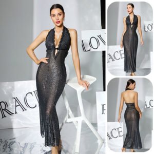 Black Sequin-embellished Sheer Halter-neck Deep-V Backless Bodycon Sexy Dress