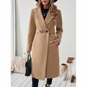 Women's Notch Lapel Trench Coat, Single Breasted Mid-Long Casual Formal Outerwear For Fall Winter