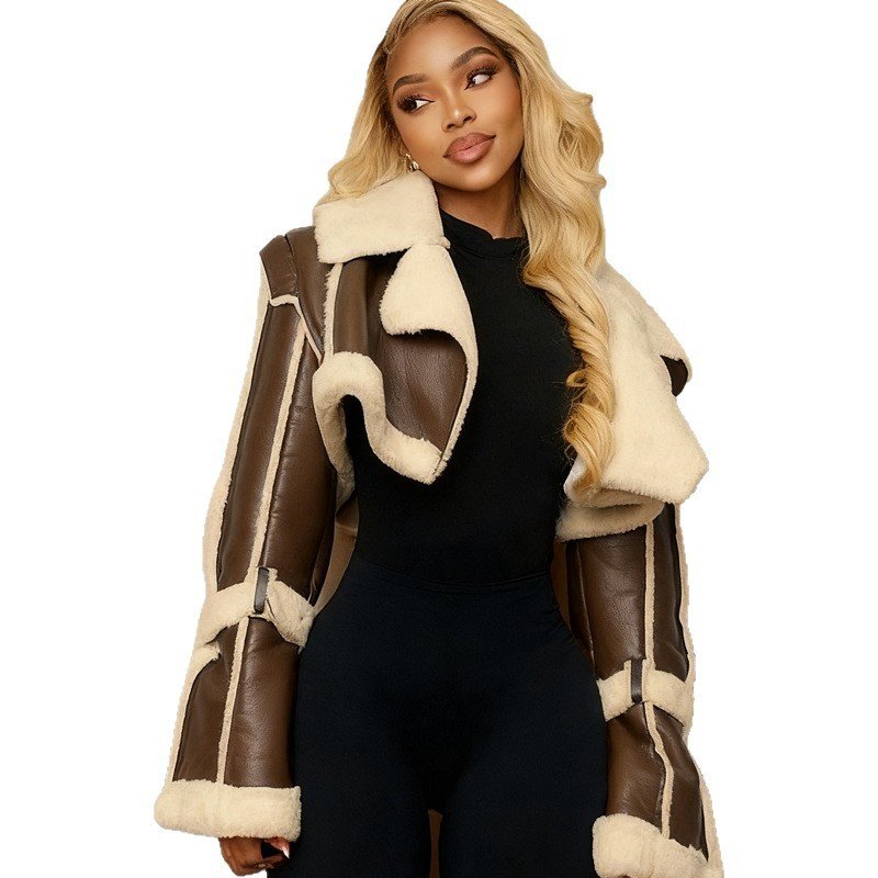 Leather-and-Fur-Trim Short Jacket For Women - Image 2