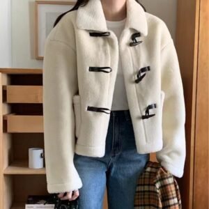 Vintage Shearling Fur-and-leather Combo Warm Short Coat With Horn Buttons