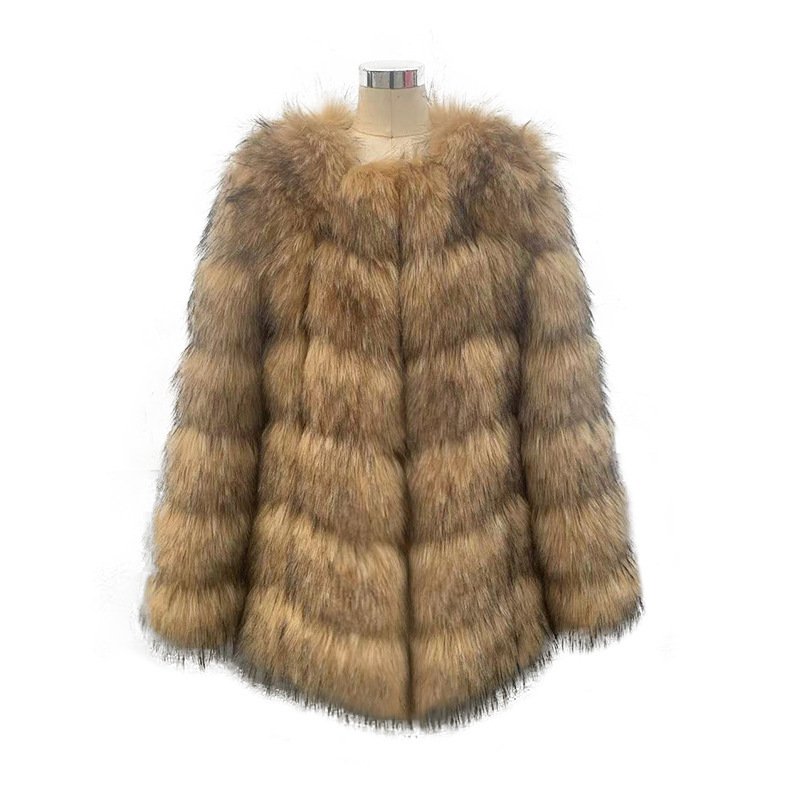 Coat Womens Faux Raccoon Patchwork Synthetic Fur Overcoat - Image 3