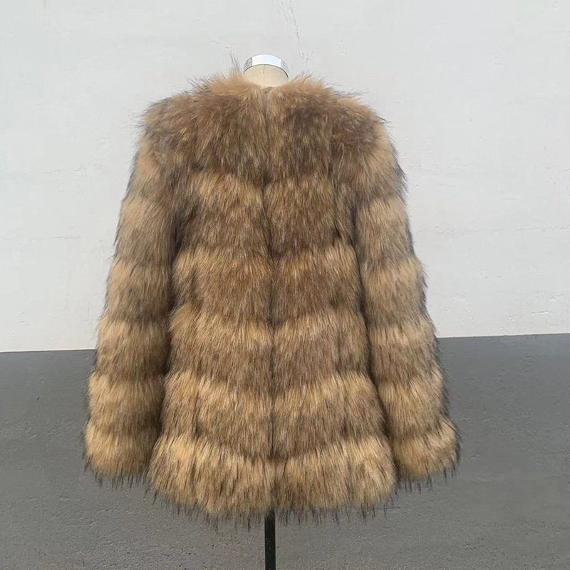 Coat Womens Faux Raccoon Patchwork Synthetic Fur Overcoat - Image 5