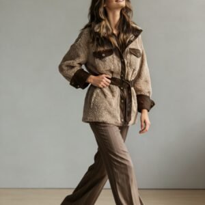 New Style Women's Autumn And Winter Clothing, New Style Women's Thickened Lamb Fur Stitching PU Leather Pocket Leather Belt Vintage Jacket