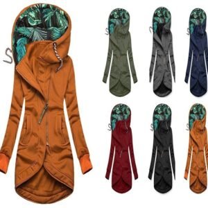 Womens Solid-Color Zip-Up Hoodie With Print And Long Sleeves