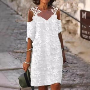 Womens V-Neck Lace Slip Dress With Patchwork Embroidery