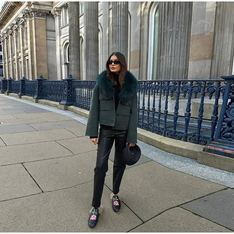 Elegant Single-Breasted Vintage Fur-Trimmed Flight Jacket For Women - Image 5