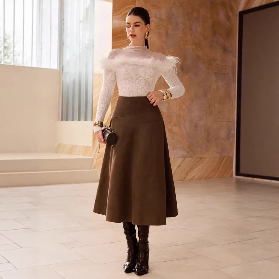 Fashionable Solid-Color Faux Suede Elegant Skirt