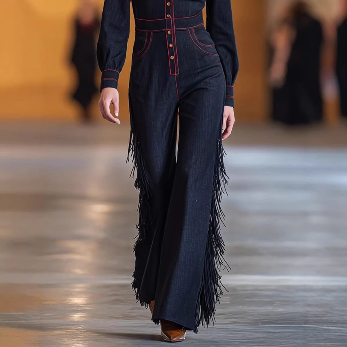 Versatile Long-Sleeve Flared Tassel Jumpsuit - Image 4