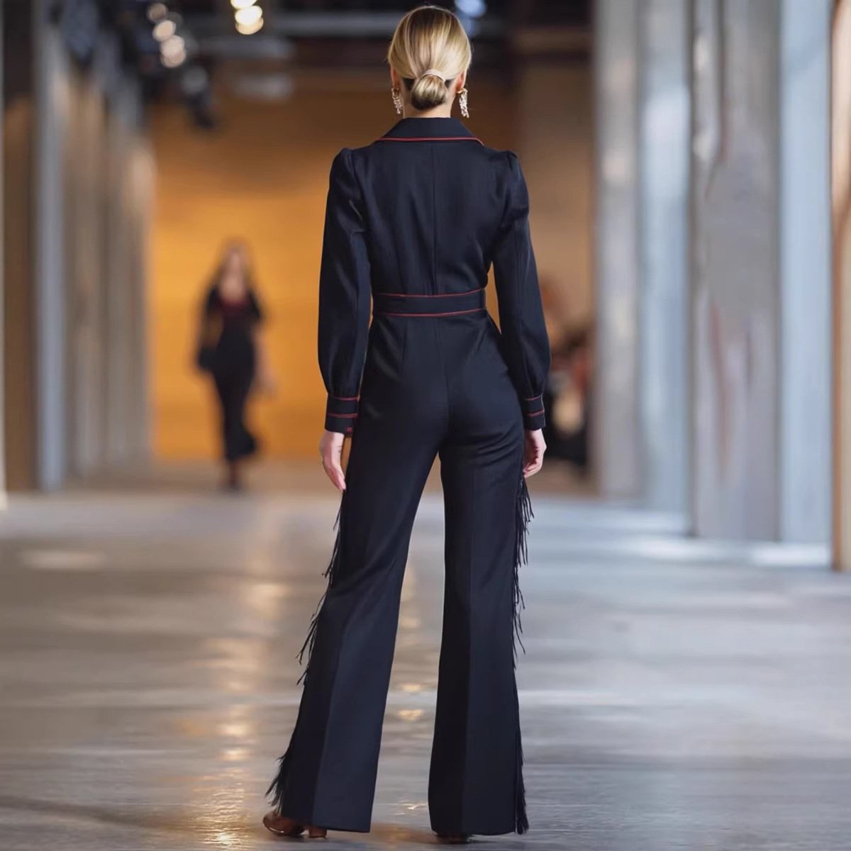 Versatile Long-Sleeve Flared Tassel Jumpsuit - Image 2