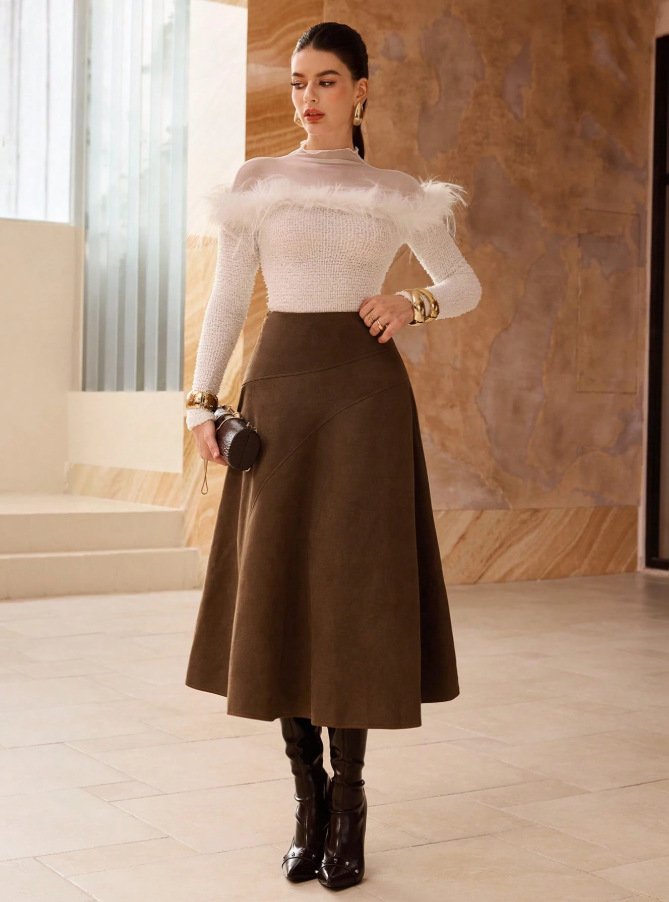 Fashionable Solid-Color Faux Suede Elegant Skirt - Image 2