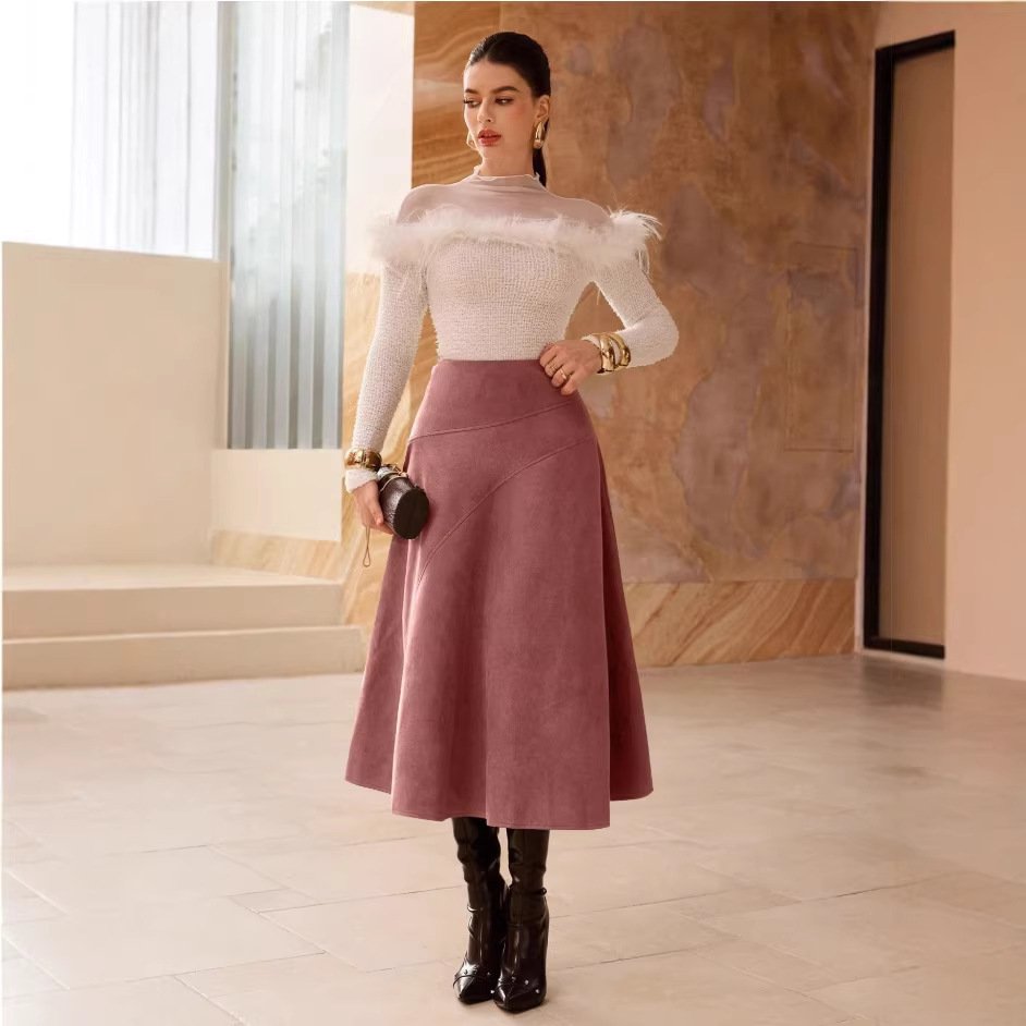 Fashionable Solid-Color Faux Suede Elegant Skirt - Image 7