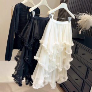 Womens Fashion Irregular Ruffle Trim Mesh Skirt