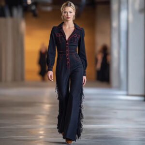 Versatile Long-Sleeve Flared Tassel Jumpsuit