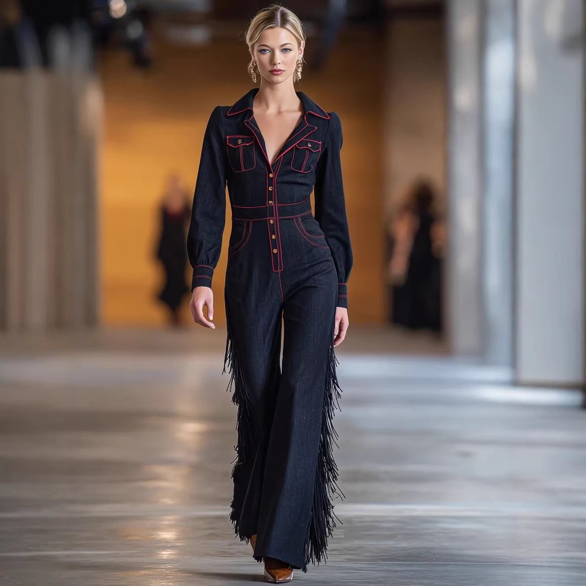 Versatile Long-Sleeve Flared Tassel Jumpsuit