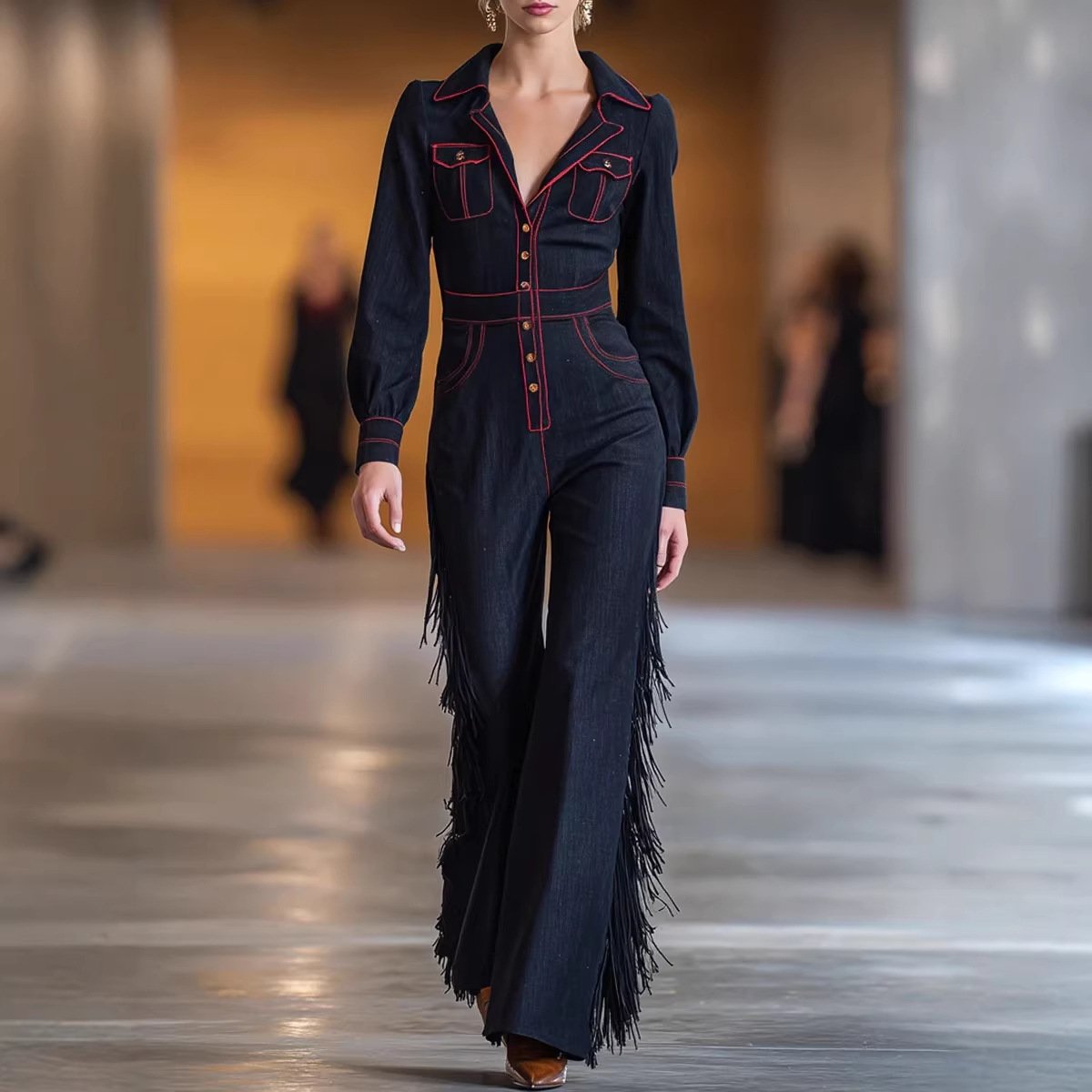 Versatile Long-Sleeve Flared Tassel Jumpsuit - Image 5