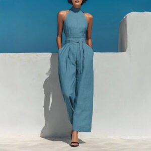 Summer One-shoulder Sleeveless Belted Jumpsuit
