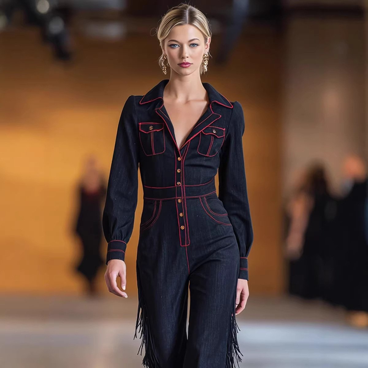 Versatile Long-Sleeve Flared Tassel Jumpsuit - Image 3