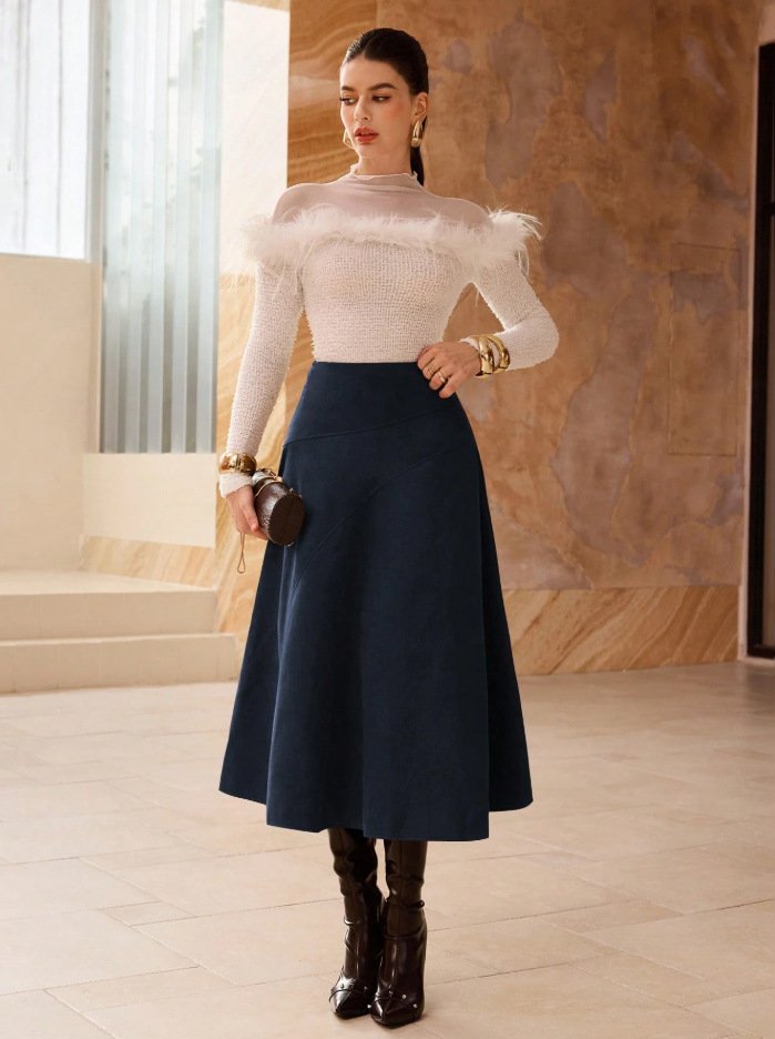 Fashionable Solid-Color Faux Suede Elegant Skirt - Image 10
