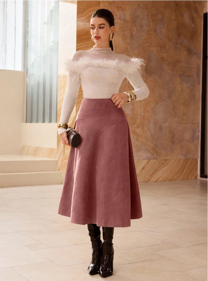 Fashionable Solid-Color Faux Suede Elegant Skirt - Image 9